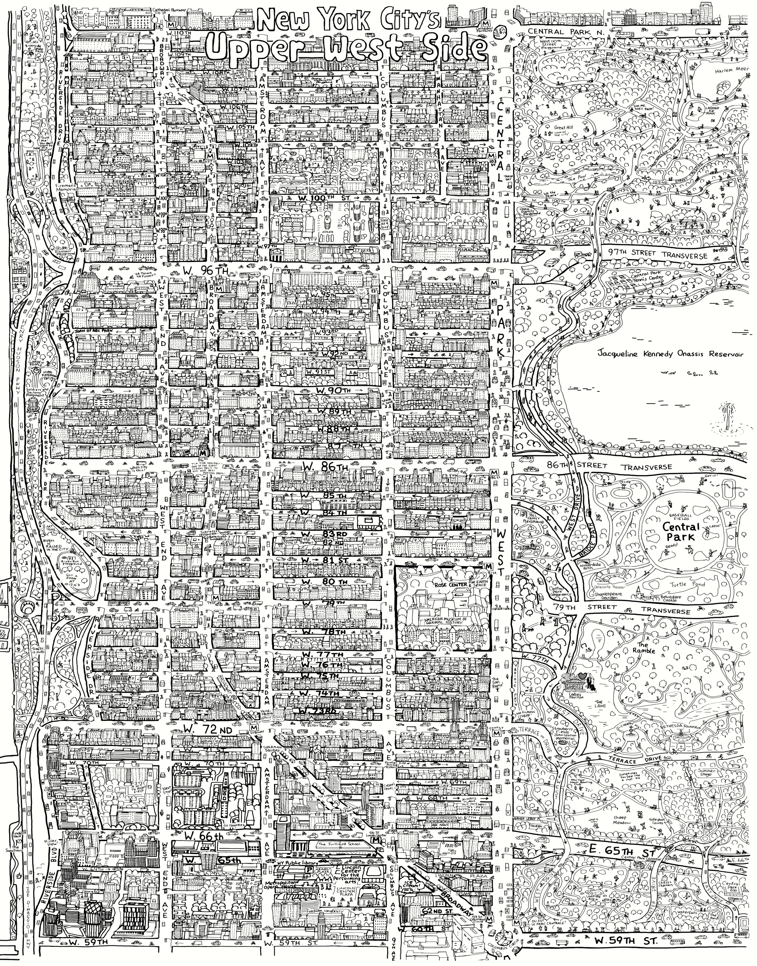 Hand-drawn Upper West Side and Central Park map showing the Ladies Pavilion area