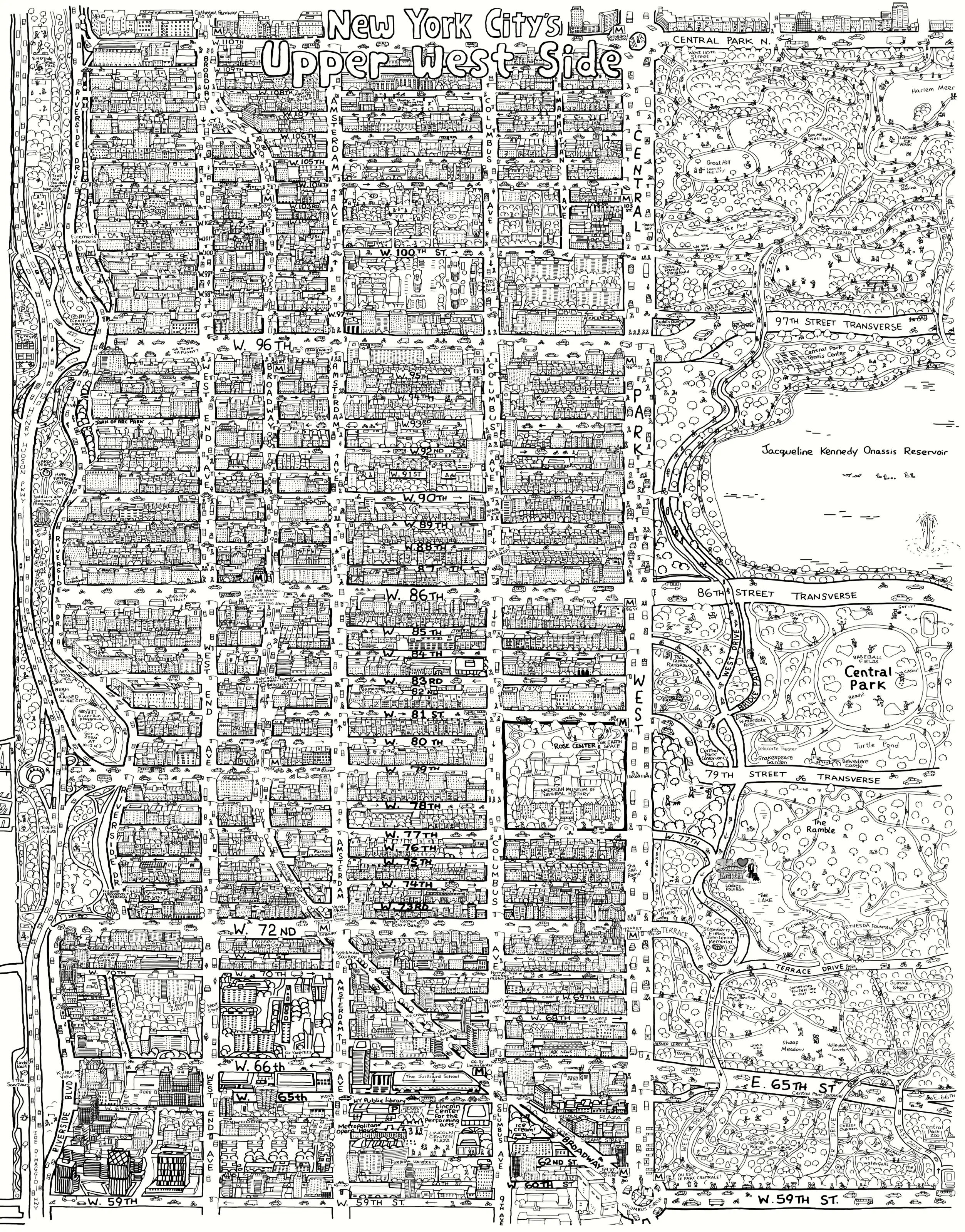 Hand-drawn Upper West Side and Central Park map showing the Ladies Pavilion area