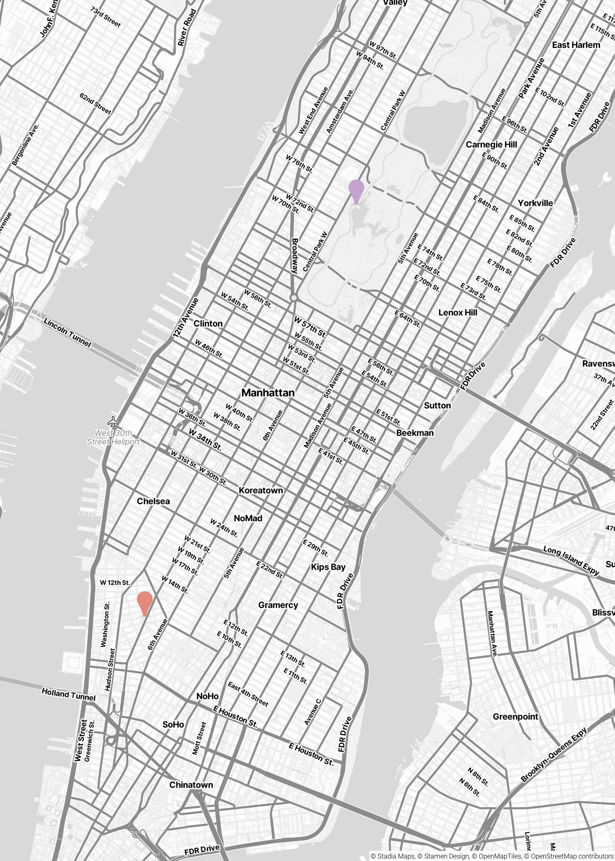 Simple overview map of Manhattan showing ceremony and dinner