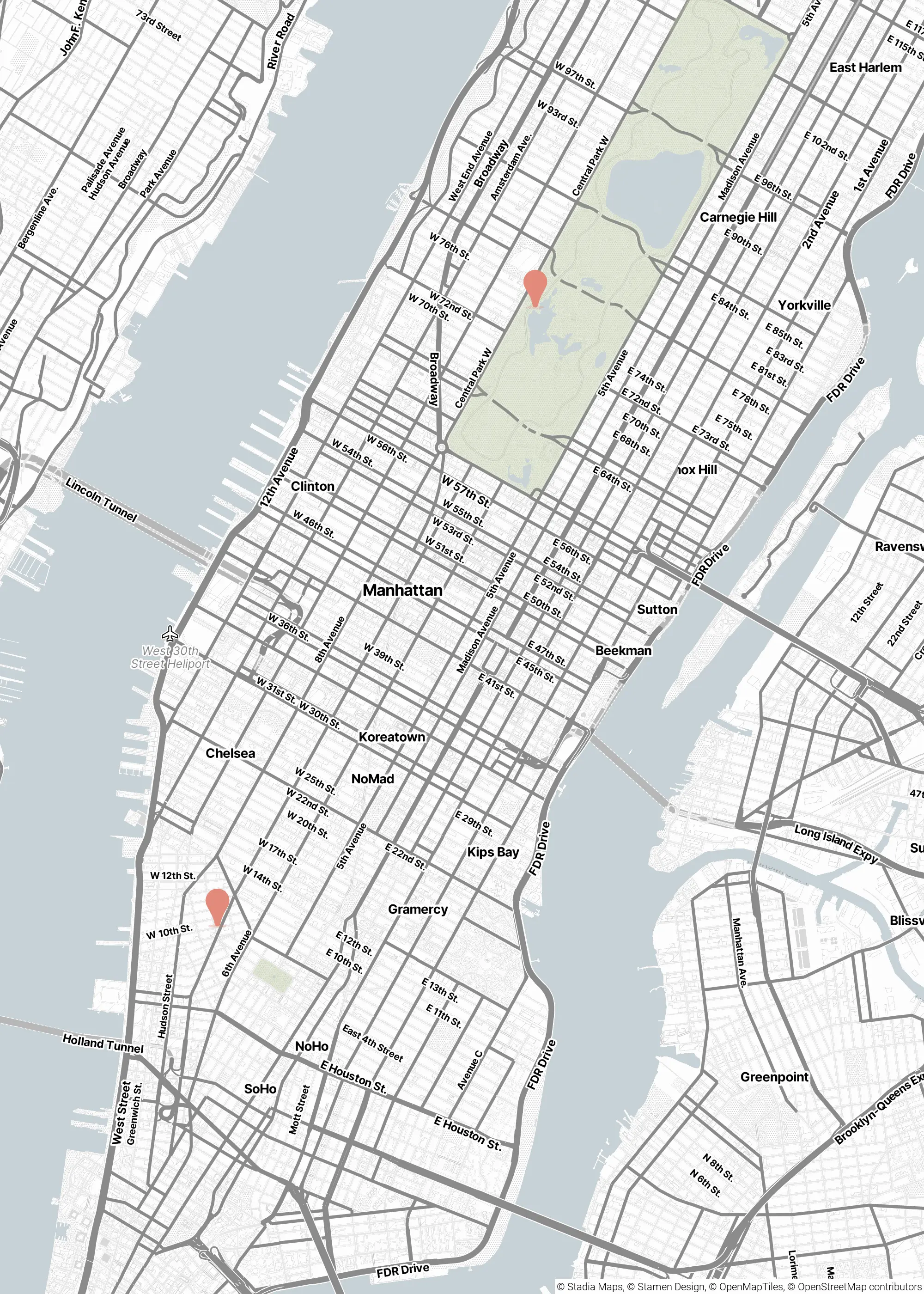 Simple overview map of Manhattan showing ceremony and dinner